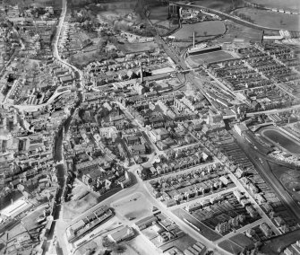 Falkirk, general view, showing High Street and Brockville Football Stadium.  Oblique aerial photograph taken facing north-west.