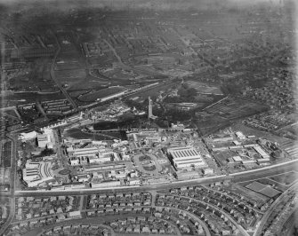 1938 Empire Exhibition, Bellahouston Park, Glasgow, under construction.  Oblique aerial photograph taken facing north.