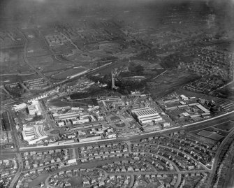 1938 Empire Exhibition, Bellahouston Park, Glasgow, under construction.  Oblique aerial photograph taken facing north-east.