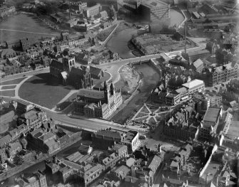 Paisley Abbey and George A Clark Town Hall, Gauze Street, Paisley.  Oblique aerial photograph taken facing south-east.