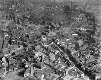 Paisley, general view, showing High Street and George A Clark Town Hall, Gauze Street.  Oblique aerial photograph taken facing east.