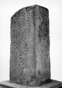 View of front and side of cross shaft showing carvings, Innerleithen Parish Church.