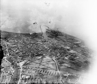 Leith Docks, Edinburgh.  Oblique aerial photograph taken facing north.  This image has been produced from a damaged negative.