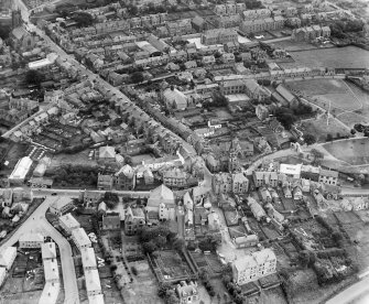 Kirkintilloch, general view, showing Old Church, Cowgate and High Street.  Oblique aerial photograph taken facing south.