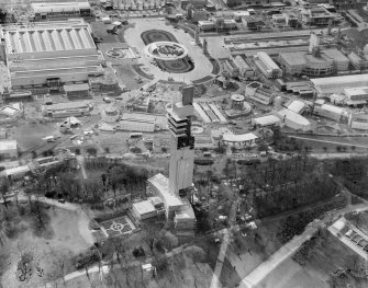 Tower of Empire and Palace of Engineering, 1938 Empire Exhibition, Bellahouston Park, Glasgow, under construction.  Oblique aerial photograph taken facing south-west.