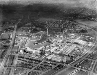 1938 Empire Exhibition, Bellahouston Park, Glasgow, under construction.  Oblique aerial photograph taken facing east.