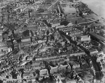 Dundee, general view, showing Dundee Harbour and Steeple Church, Nethergate.  Oblique aerial photograph taken facing east.