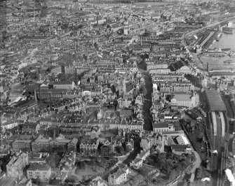 Dundee, general view, showing Steeple Church, Nethergate and East Dock Street.  Oblique aerial photograph taken facing north-east.