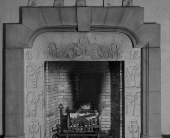 Interior. Detail of fireplace.