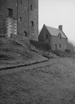 Kinnaird Castle. View of gabled kitchen block.