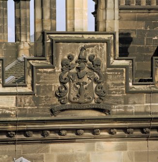 Detail of armorial panel on west face of south east tower