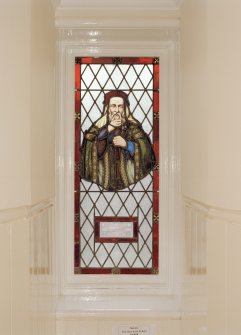 Interior, 1st floor, main tower, detail of stained glass (originally in chapel