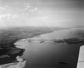 Forth Rail Bridge, Firth of Forth and Queensferry.  Oblique aerial photograph taken facing west.