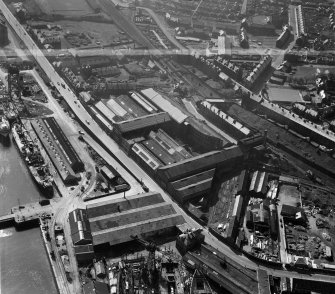 John G Kincaid and Co. Ltd. Clyde Foundry and Engine Works, East Hamilton Street, Greenock.  Oblique aerial photograph taken facing south-east.  This image has been produced from a crop marked negative.