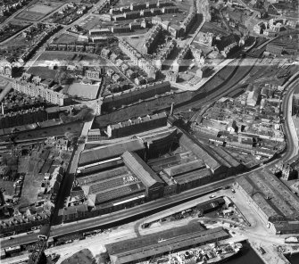 John G Kincaid and Co. Ltd. Clyde Foundry and Engine Works, East Hamilton Street, Greenock.  Oblique aerial photograph taken facing south-west.  This image has been produced from a crop marked negative.