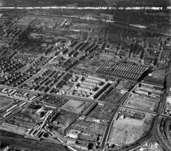 Glasgow, general view, showing Harland and Wolff Clyde Foundry, 184 Helen Street and Refuse Destruction and Electric Works, Govan.  Oblique aerial photograph taken facing north.  This image has been produced from a crop marked negative.