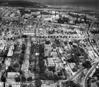 St Andrews, general view, showing Queen's Gardens and South Street.  Oblique aerial photograph taken facing north.