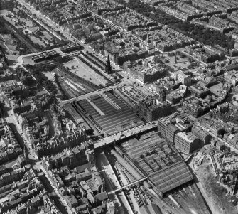 Waverley Station, Edinburgh.  Oblique aerial photograph taken facing west.