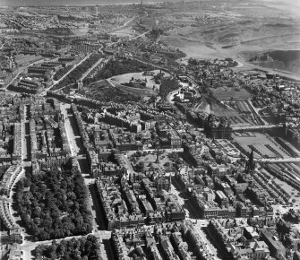 Edinburgh, general view, showing St Andrew Square and Calton Hill.  Oblique aerial photograph taken facing east.