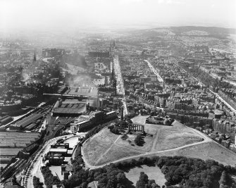 Edinburgh, general view, showing Calton Hill and Princes Street.  Oblique aerial photograph taken facing west.