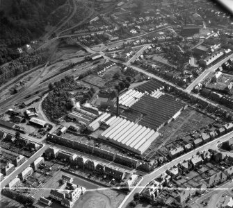 Ballantyne Brothers and Co. Ltd. March Street Mills, Peebles.  Oblique aerial photograph taken facing east.  This image has been produced from a crop marked negative.