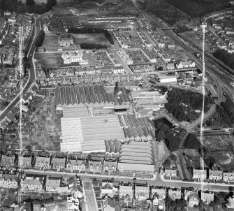 Ballantyne Brothers and Co. Ltd. March Street Mills, Peebles.  Oblique aerial photograph taken facing north.  This image has been produced from a crop marked negative.