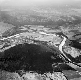 Ballater, general view, showing Ballater Golf Course and Craigendarroch.  Oblique aerial photograph taken facing south.