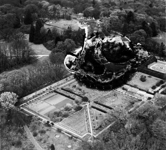 Crathes Castle Garden.  Oblique aerial photograph taken facing north.  This image has been produced from a damaged negative.