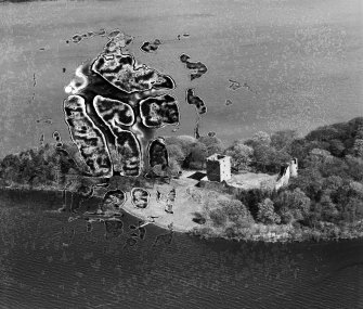 Lochleven Castle, Castle Island, Loch Leven.  Oblique aerial photograph taken facing north-east.  This image has been produced from a damaged negative.