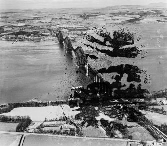 Forth Rail Bridge, Firth of Forth.  Oblique aerial photograph taken facing north.  This image has been produced from a damaged negative.