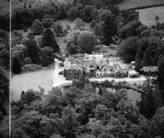 Knockespock House, Clatt.  Oblique aerial photograph taken facing south.  This image has been produced from a crop marked negative.