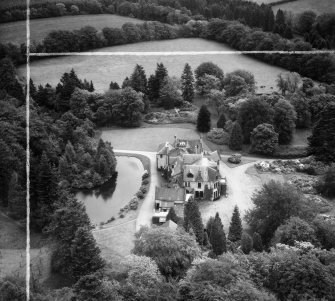 Knockespock House, Clatt.  Oblique aerial photograph taken facing east.  This image has been produced from a crop marked negative.