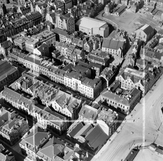 Aberdeen, general view, showing Douglas Hotel, Market Street and Shiprow.  Oblique aerial photograph taken facing north.  This image has been produced from a crop marked negative.