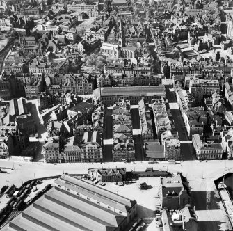 Aberdeen, general view, showing Waverley Hotel, Guild Street and Kirk of St Nicholas, Union Street.  Oblique aerial photograph taken facing north.