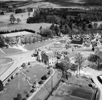 Huntly Arms Hotel, Charlestown Road and War Memorial Buildings, Ballater Road, Aboyne.  Oblique aerial photograph taken facing north.  This image has been produced from a crop marked negative.