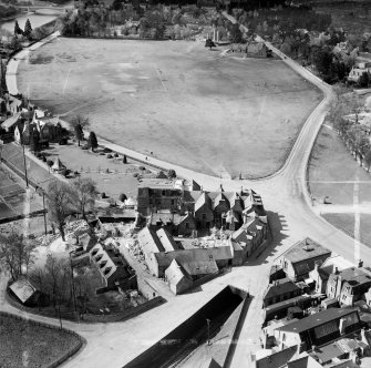 Huntly Arms Hotel, Charlestown Road and Charlestown Green, Aboyne.  Oblique aerial photograph taken facing west.  This image has been produced from a crop marked negative.
