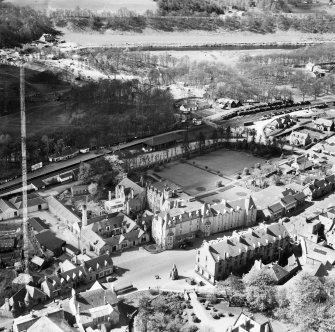 Fisher's Hotel, Atholl Road and Pitlochry Station, Pitlochry.  Oblique aerial photograph taken facing west.  This image has been produced from a crop marked negative.