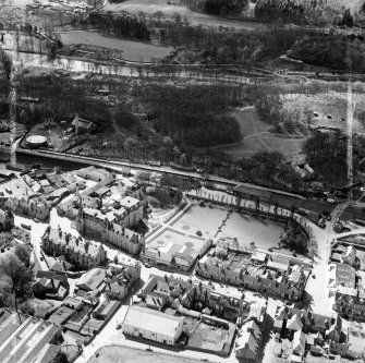 Fisher's Hotel, Atholl Road and Pitlochry Station, Pitlochry.  Oblique aerial photograph taken facing south.  This image has been produced from a crop marked negative.