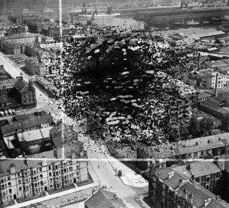 Glasgow, general view, showing Copland Road and Prince's Dock.  Oblique aerial photograph taken facing east.  This image has been produced from a damaged and crop marked negative.