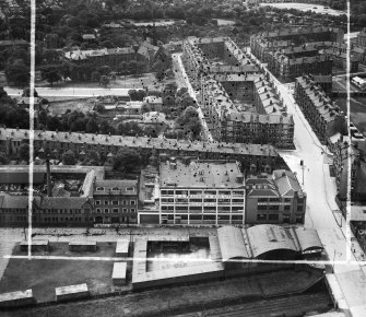 Glasgow, general view, showing R A Peacock and Son Ltd. Whitefield Bakery, Fairley Street and Copland Road.  Oblique aerial photograph taken facing south-west.  This image has been produced from a damaged and crop marked negative.