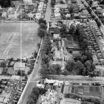 William Younger and Co. Ltd. Artesian Wells, Grange Loan and Carlton Cricket Ground, Edinburgh.  Oblique aerial photograph taken facing east.  This image has been produced from a crop marked negative.
