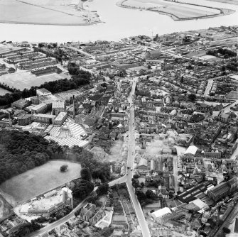 Alloa, general view, showing Patons and Baldwins Ltd. Kilncraigs Mills and Mill Street.  Oblique aerial photograph taken facing south-west.