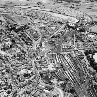 General view of Stirling showing Stirling Station and Barnton Street.  Oblique aerial photograph taken facing north.