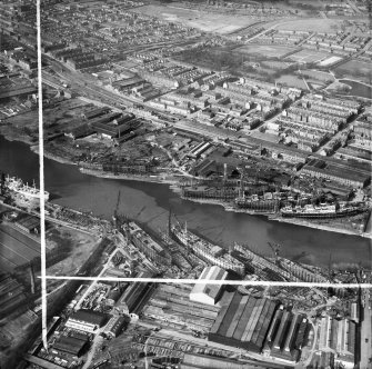 Glasgow, general view, showing Barclay, Curle and Co. Ltd. Clydeholm Shipyard, South Street and Victoria Park.  Oblique aerial photograph taken facing north.  This image has been produced from a crop marked negative.