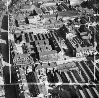 Arbuckle, Smith and Co. Warehouse, Lancefield Street and Bilsland Bakery, Hydepark Street, Glasgow.  Oblique aerial photograph taken facing east.  This image has been produced from a crop marked negative.