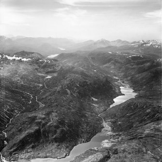 Loch na Caoidhe and An Gorm-loch, Strathconon Forest.  Oblique aerial photograph taken facing west.