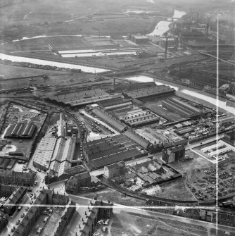 Stewarts and Lloyds Ltd. Phoenix Tube Works, Dalmarnock Road, Glasgow.  Oblique aerial photograph taken facing west.  This image has been produced from a crop marked negative.