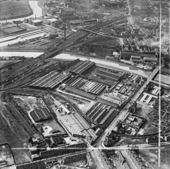 Stewarts and Lloyds Ltd. Phoenix Tube Works, Dalmarnock Road, Glasgow.  Oblique aerial photograph taken facing north-west.  This image has been produced from a crop marked negative.