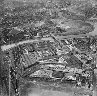 Stewarts and Lloyds Ltd. Phoenix Tube Works, Dalmarnock Road, Glasgow.  Oblique aerial photograph taken facing north.  This image has been produced from a crop marked negative.