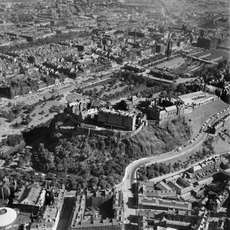 Edinburgh, general view, showing Edinburgh Castle and Princes Street.  Oblique aerial photograph taken facing north-east.